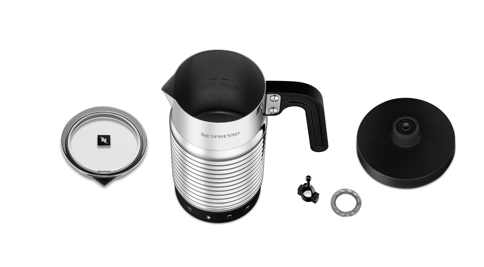 Nespresso-Milchaufschäumer zerlegt, mit Teilen auf schwarzem Hintergrund, Draufsicht.