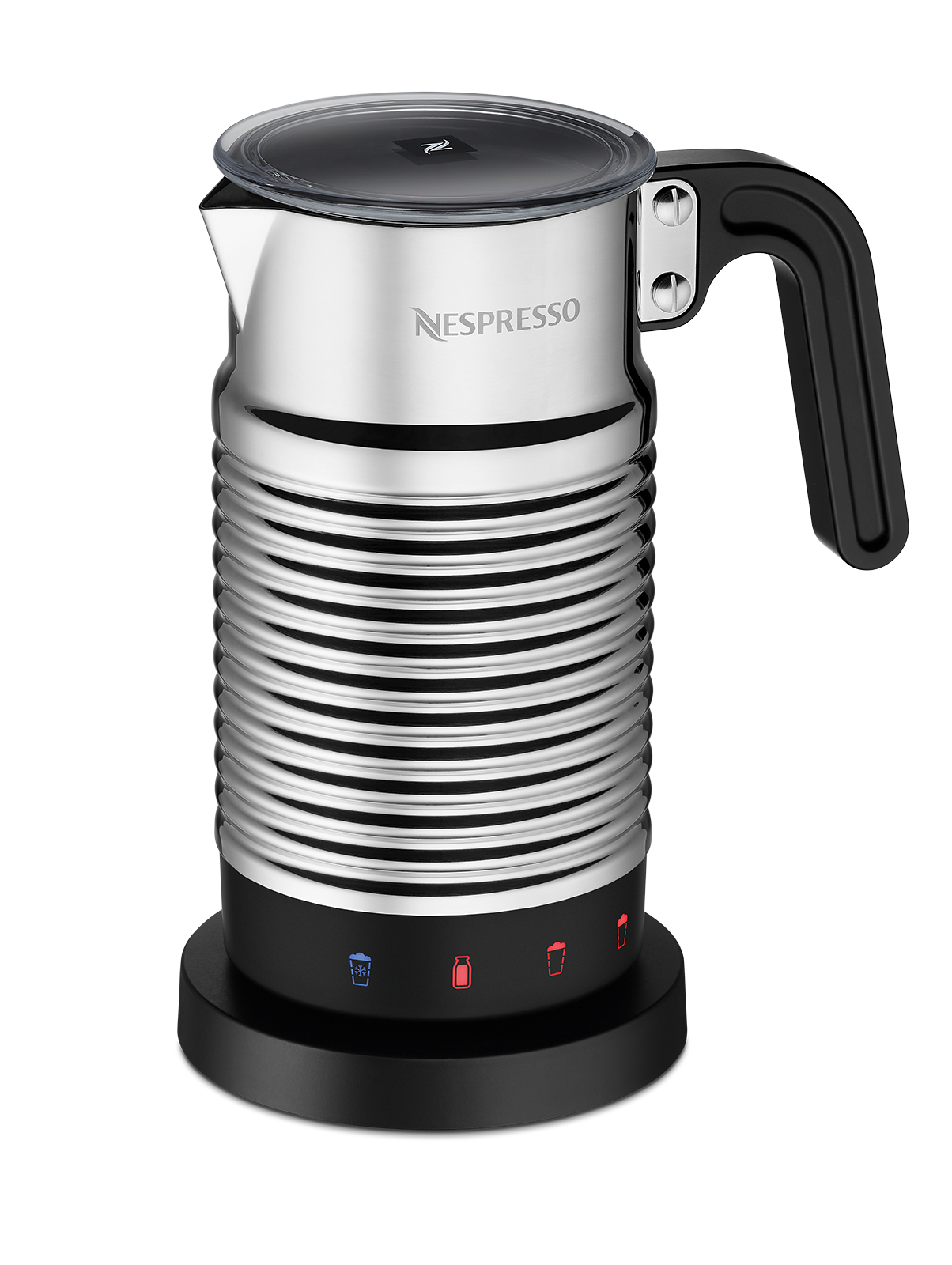 Silberner Nespresso Milchaufschäumer mit schwarzem Griff und Boden auf schwarzem Hintergrund.