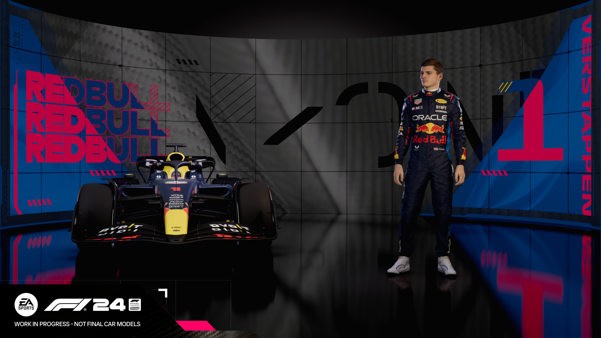 Samochód F1 i kierowca. Marka Red Bull. Tło z tekstem: Verstappen i logo Red Bull.