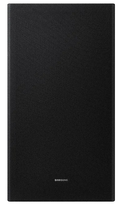 Czarny głośnik z logo Samsung. Głośnik ma teksturowaną powierzchnię.