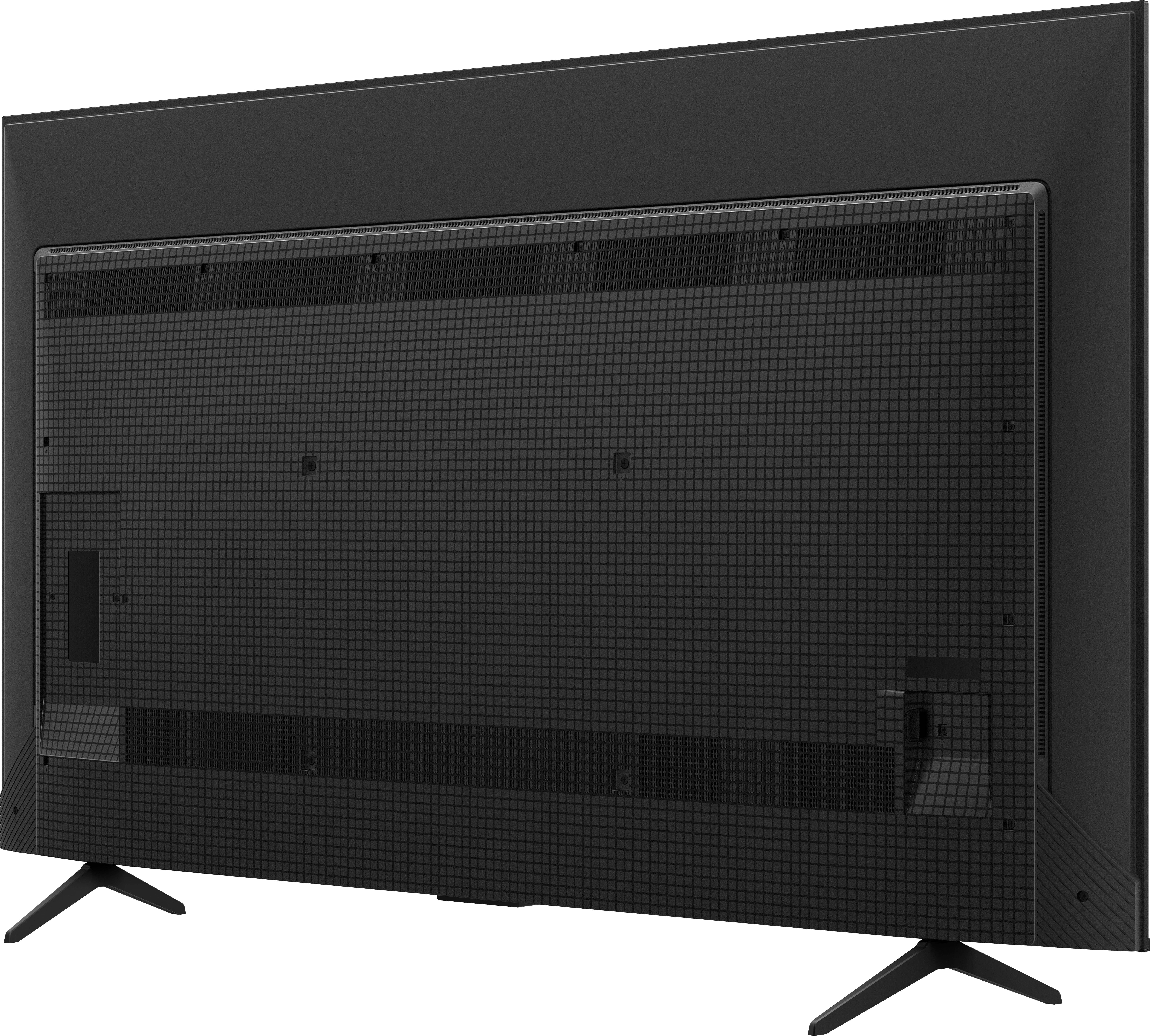 Retro di una TV nera. Il retro a griglia ha prese d'aria e supporti. La TV è angolata.