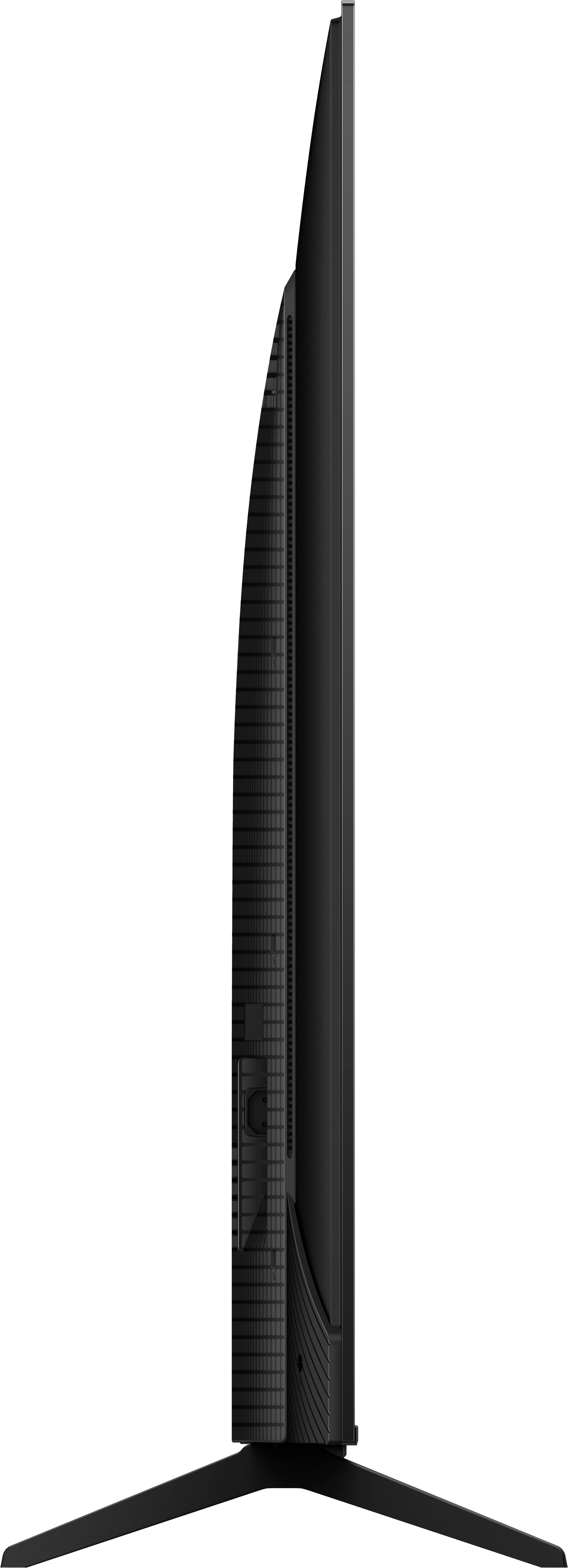 Profilo laterale di una TV nera su una base nera. È un design elegante e moderno.