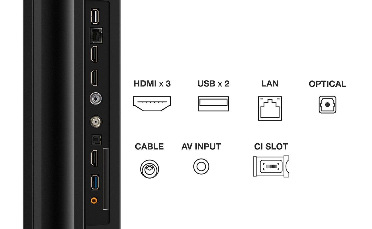 Le porte di una TV, tra cui HDMI, USB, LAN, Ottica e altro.