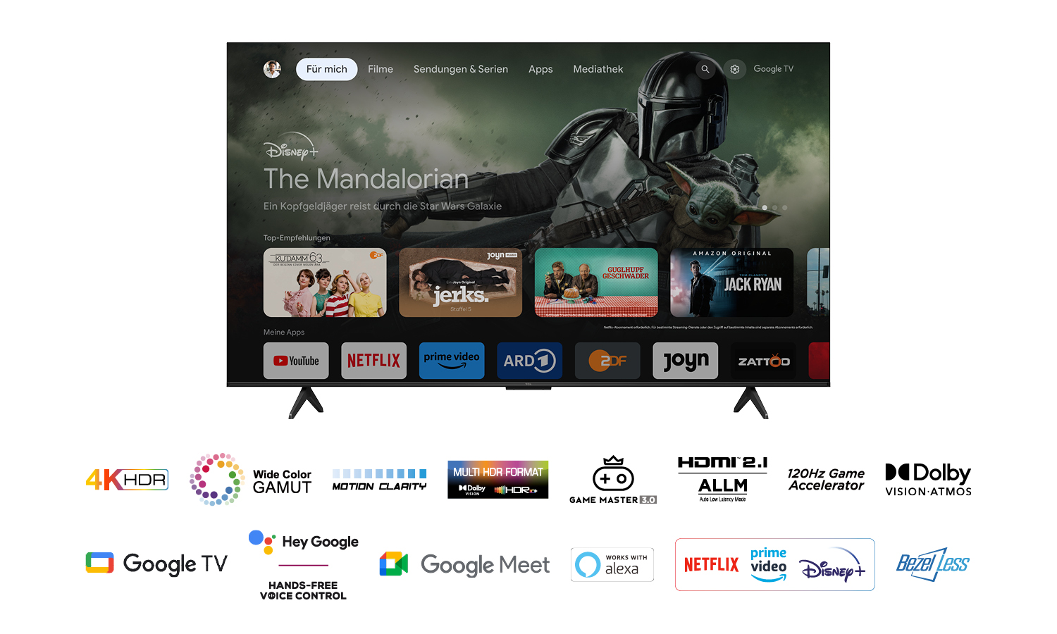 Una TV mostra contenuti da Disney+, Netflix e altri, con icone delle funzionalità.