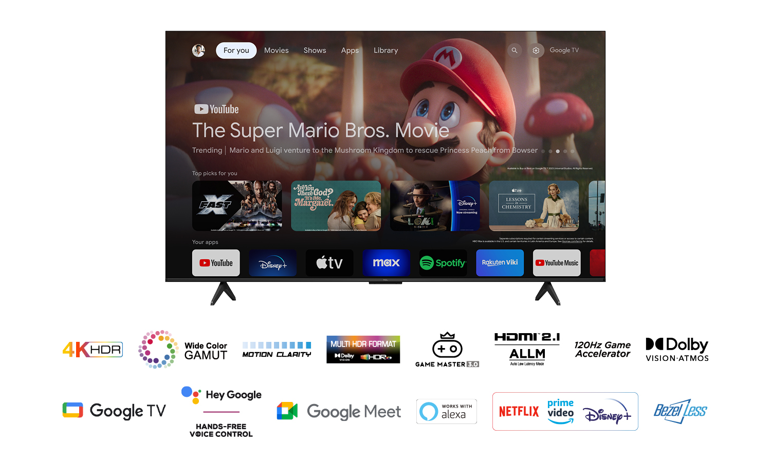 Écran de télévision avec une interface de film Mario, entouré de fonctionnalités comme 4K HDR.