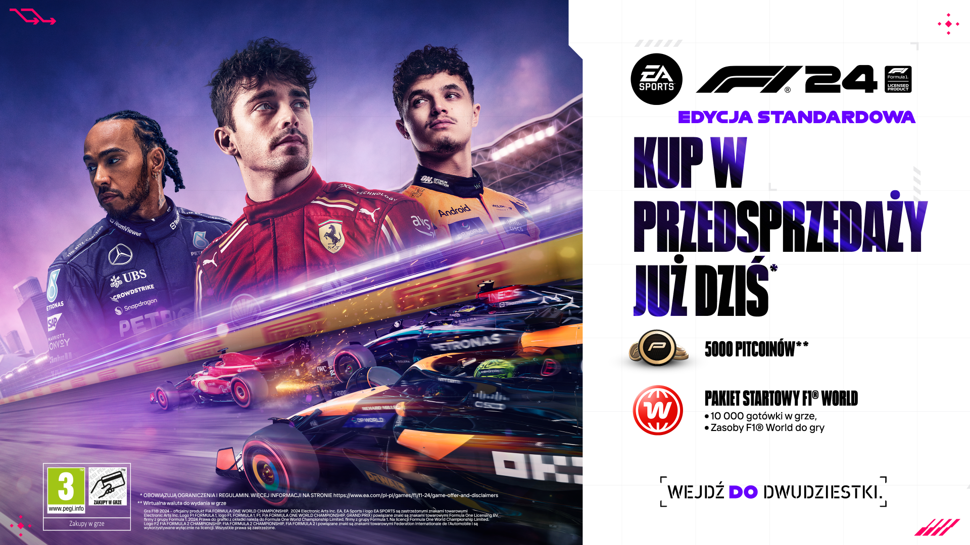 Reklama gry. Widoczni mężczyźni i samochody wyścigowe. Tekst w języku polskim.