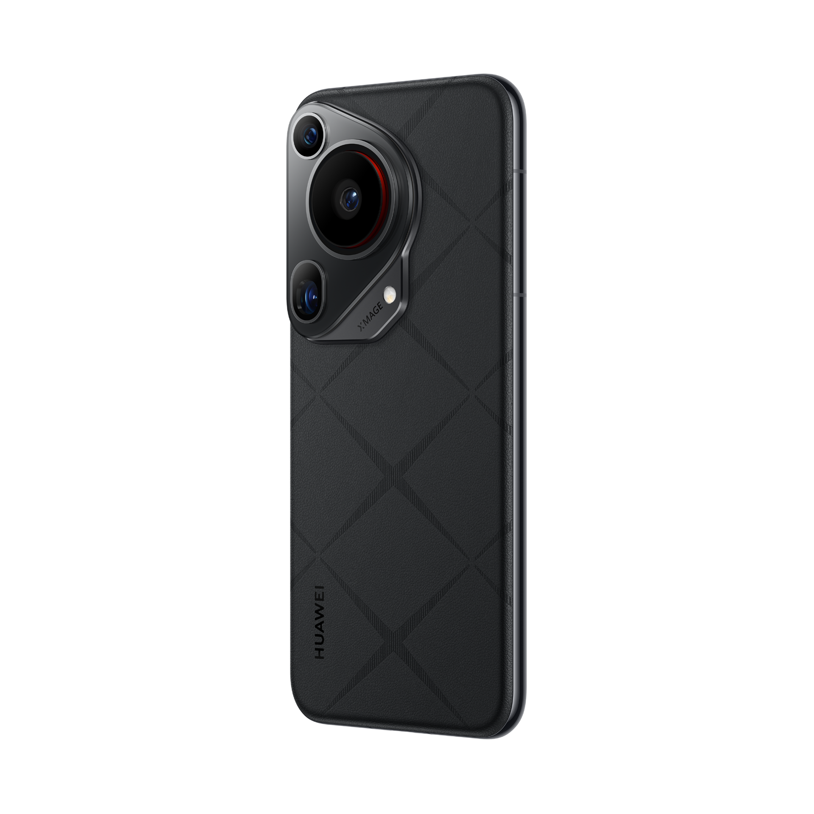 Siyah Huawei telefon, belirgin bir kamera modülüne sahip. Telefonun dokulu bir arka yüzü ve X-mage markası var.