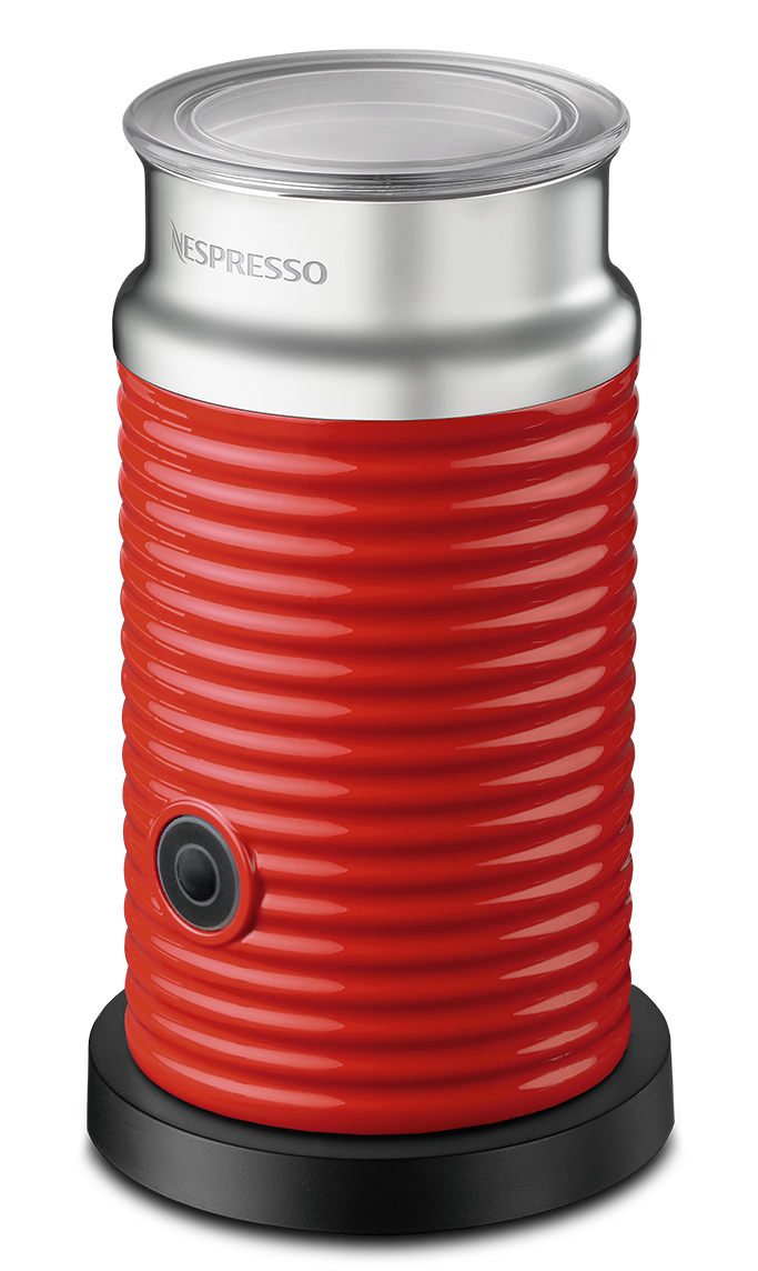 Roter Nespresso Milchaufschäumer auf schwarzem Sockel. Silberner Deckel mit 'NESPRESSO'-Schriftzug.