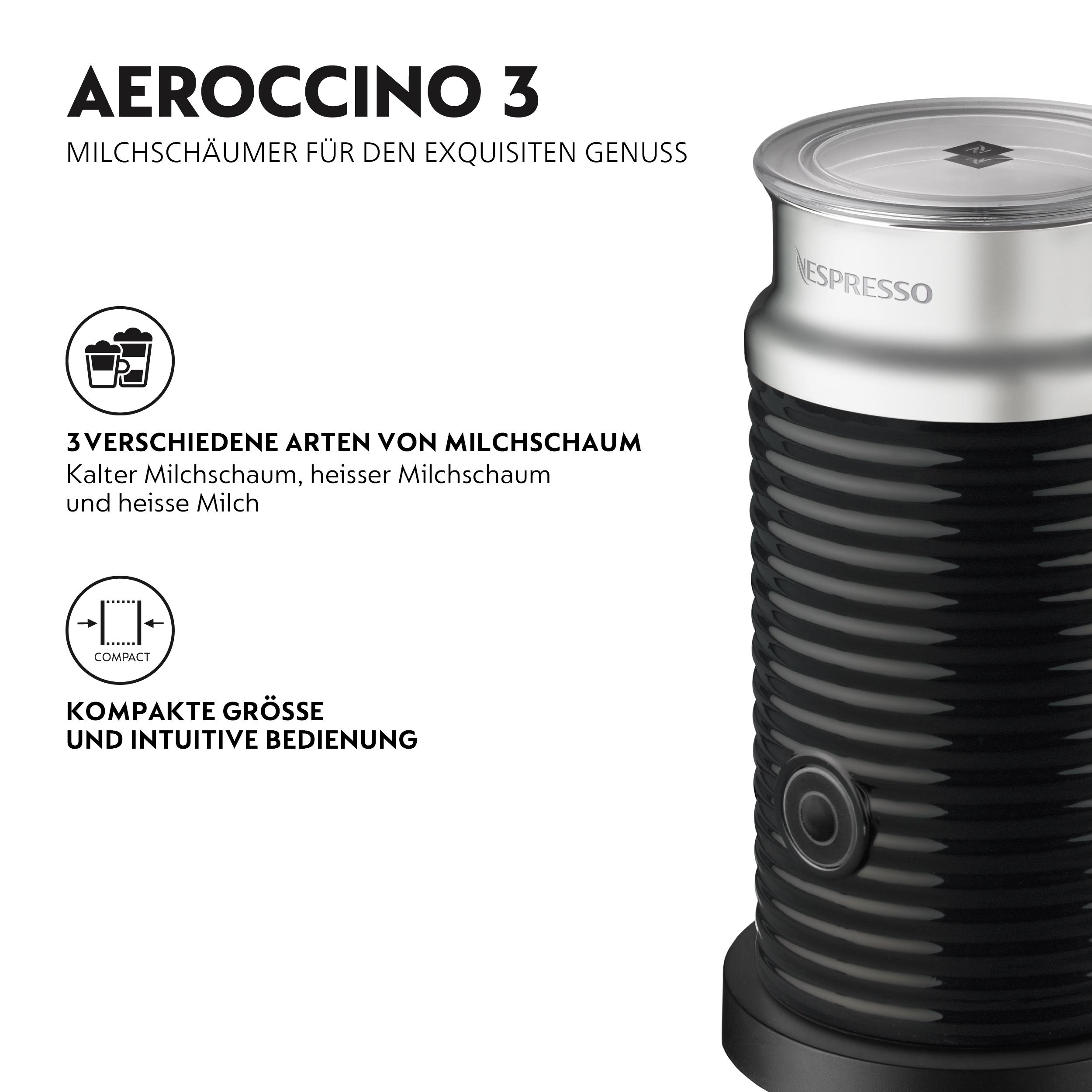 Ein schwarzer und silberner Nespresso Aeroccino 3 Milchaufschäumer mit Text und Symbolen.