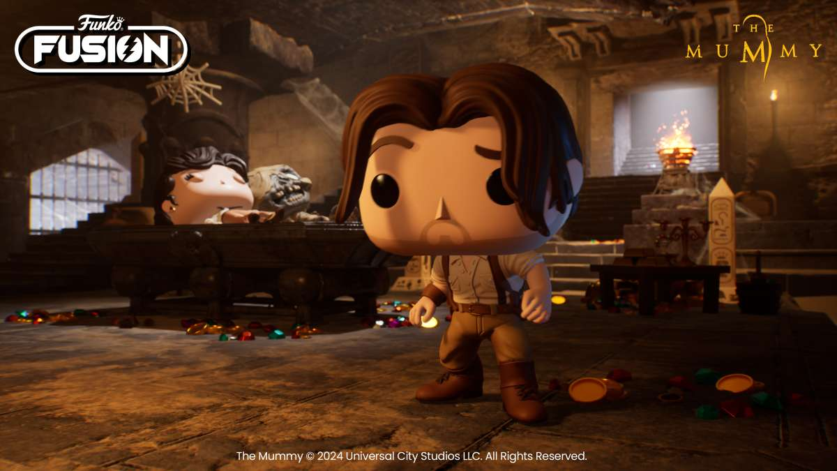 Figurka Funko Pop mężczyzny z filmu Mumia, z mumią w tle.