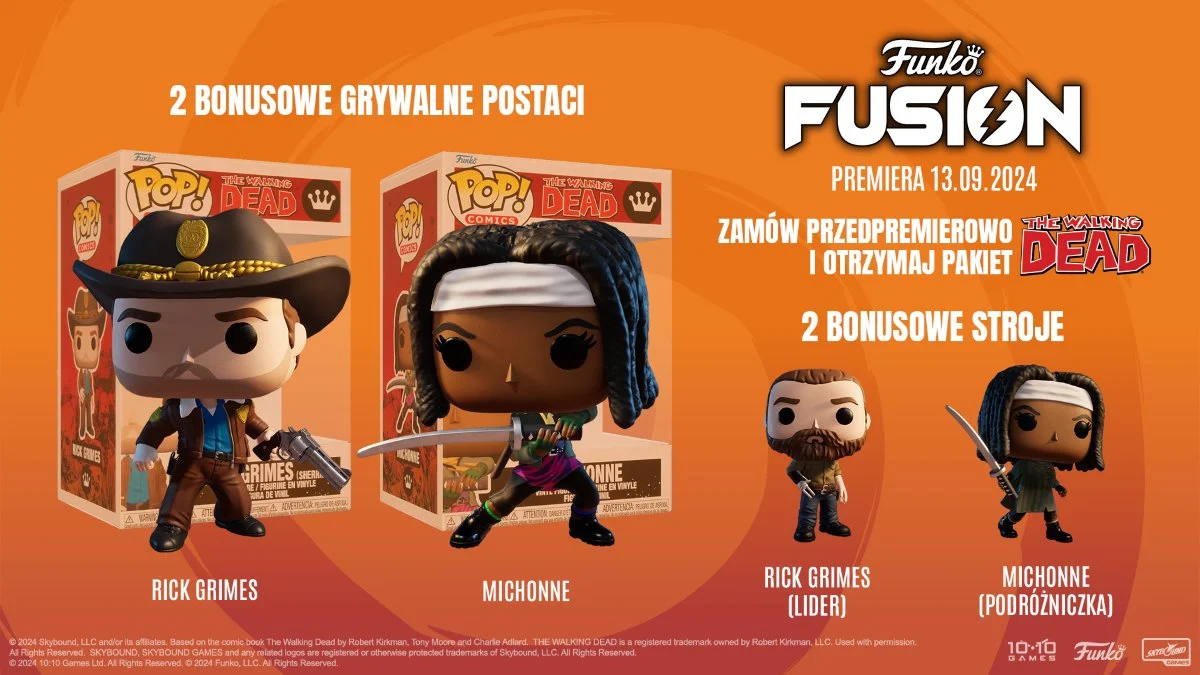 Figurki Funko Pop postaci z The Walking Dead, w tym Ricka Grimesa i Michonne, na wystawie.