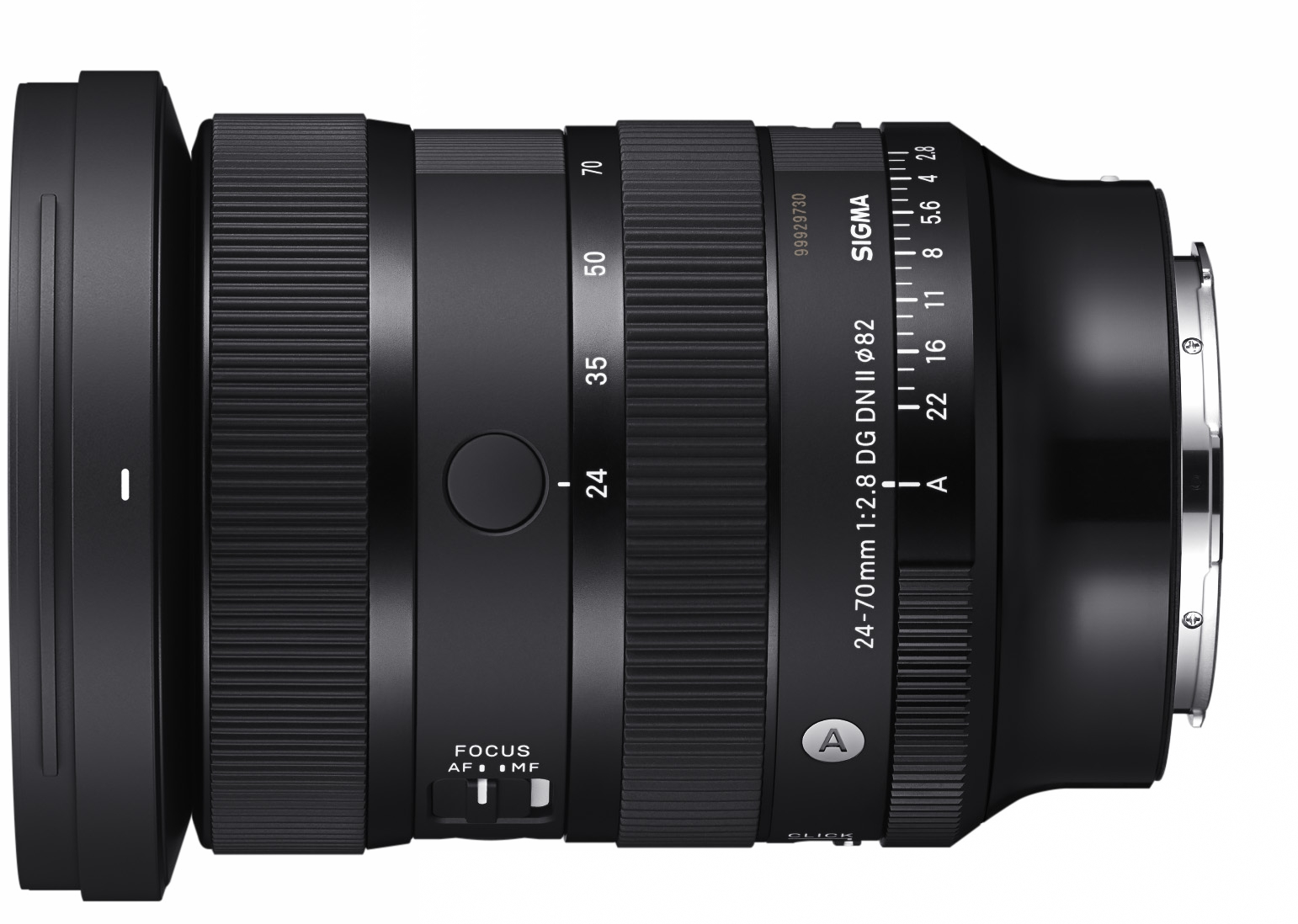 Schwarzes Sigma 24-70mm f/2.8 DG DN II Objektiv. Seitenansicht mit Markierungen.