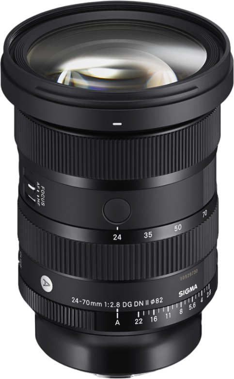 Schwarzes Sigma 24-70mm Kameraobjektiv mit Fokus- und Blendeneinstellungen.