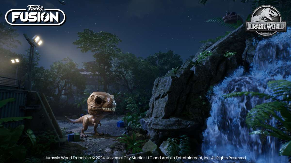 Scena Funko Fusion Jurassic World: dinozaur stoi w dżungli w pobliżu wodospadu.