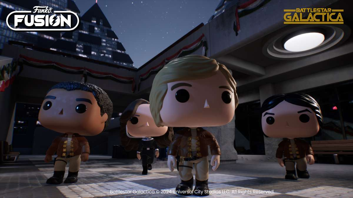 Cztery figurki Funko Pop postaci w scenie.