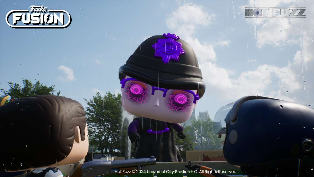 Figurka Funko Pop policjanta w deszczu z logo gry w rogu.