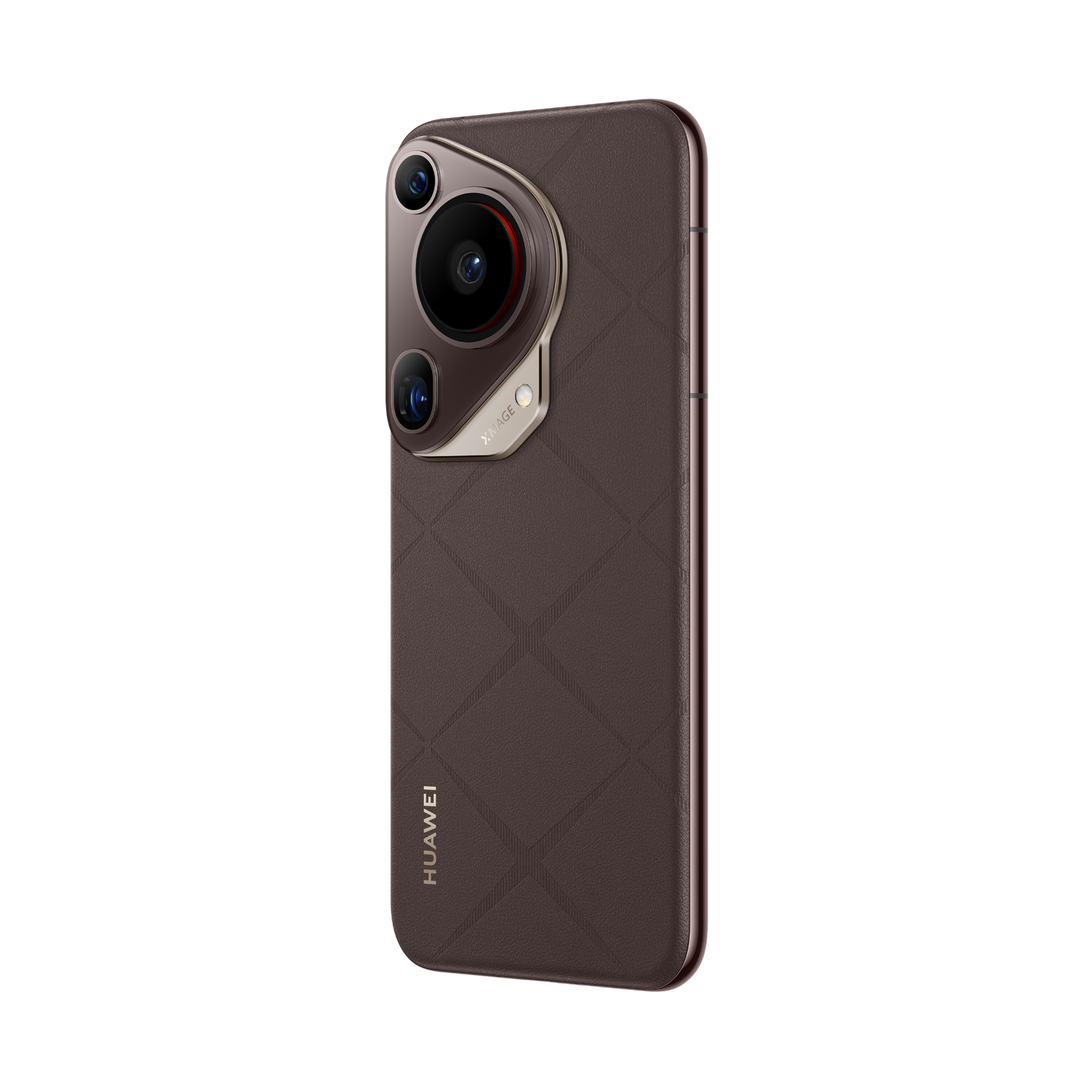 Eşsiz bir kamera tasarımına sahip kahverengi Huawei telefonu, koyu bir arka plan üzerinde.