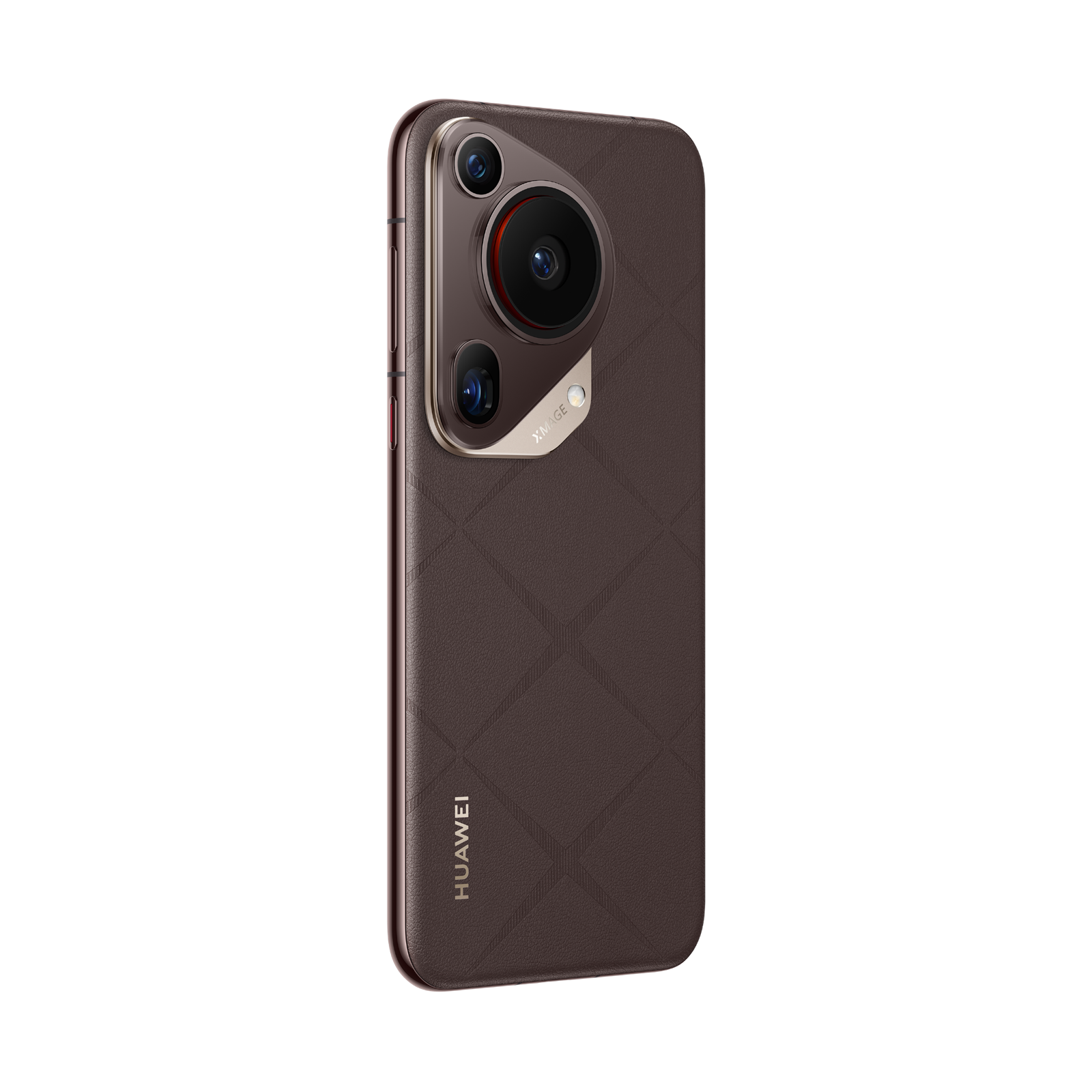 Siyah arka planda, üç kameralı, baklava desenli arka yüzeye ve Xmage logosuna sahip kahverengi Huawei telefon.
