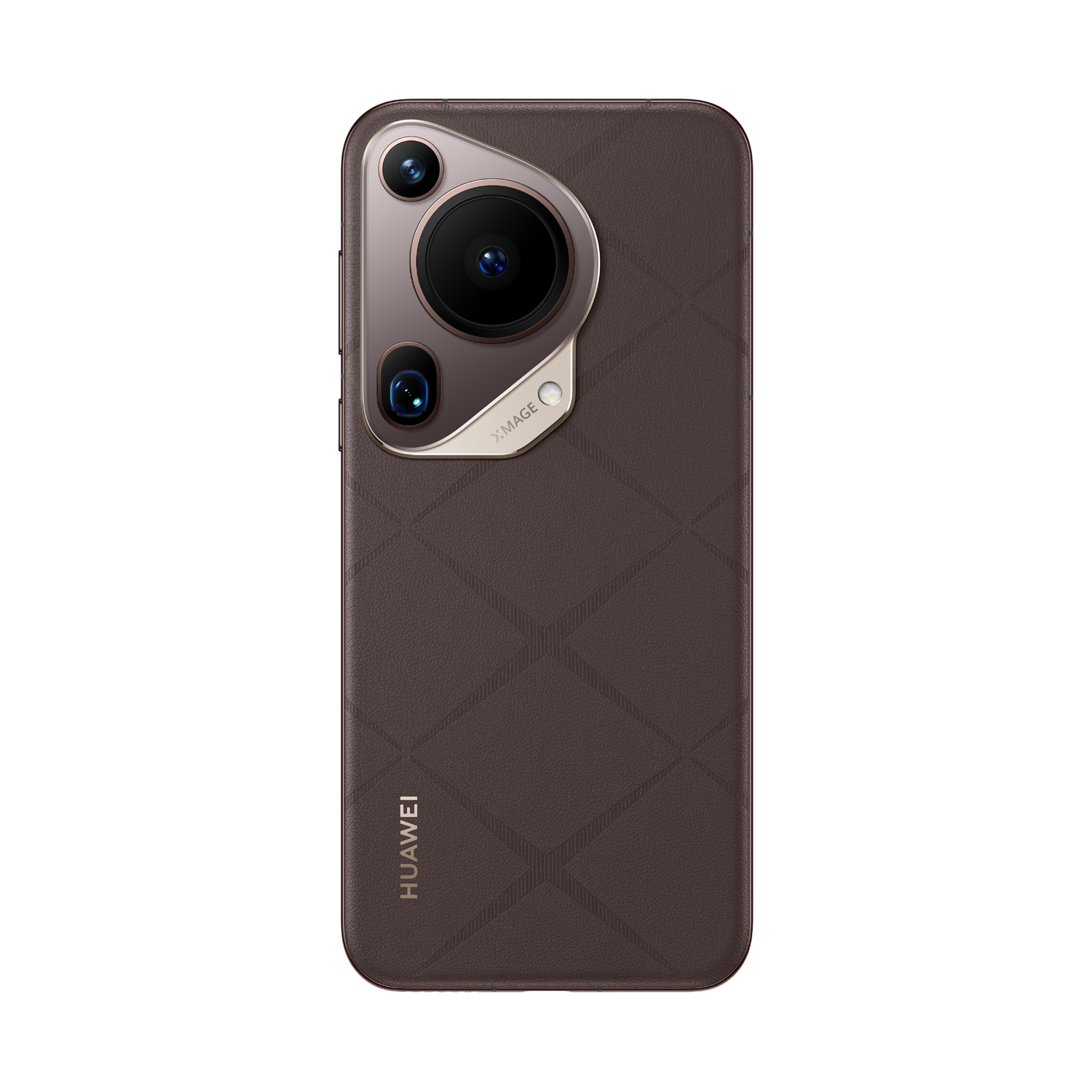 Kamera modülüne sahip kahverengi bir Huawei telefon. Dokulu bir arka yüzeye ve Xmage logosuna sahip.