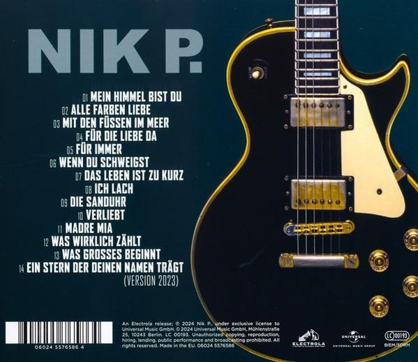 Albumcover mit schwarzer Gitarre und Text. Der Hintergrund zeigt die Titelliste.