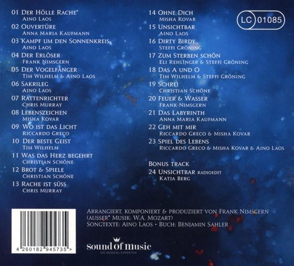 CD-Cover mit Titelliste auf Deutsch; Namen der Künstler und Songtitel, weißer Text auf Schwarz.