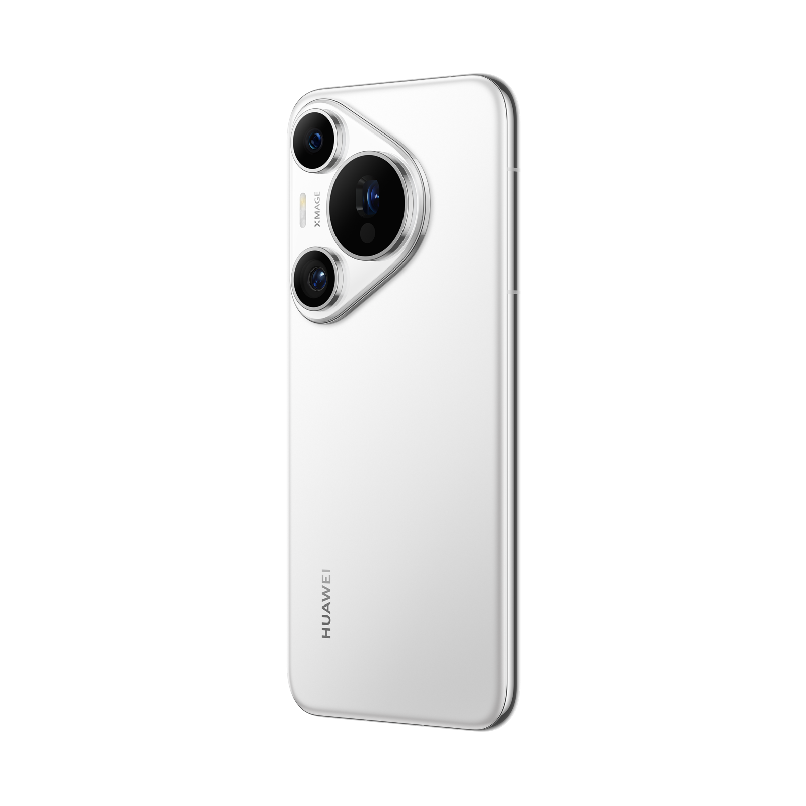 Üç arka kamerası olan beyaz akıllı telefon. Telefon siyah bir arka plan üzerinde. Huawei logosu görülebilir.