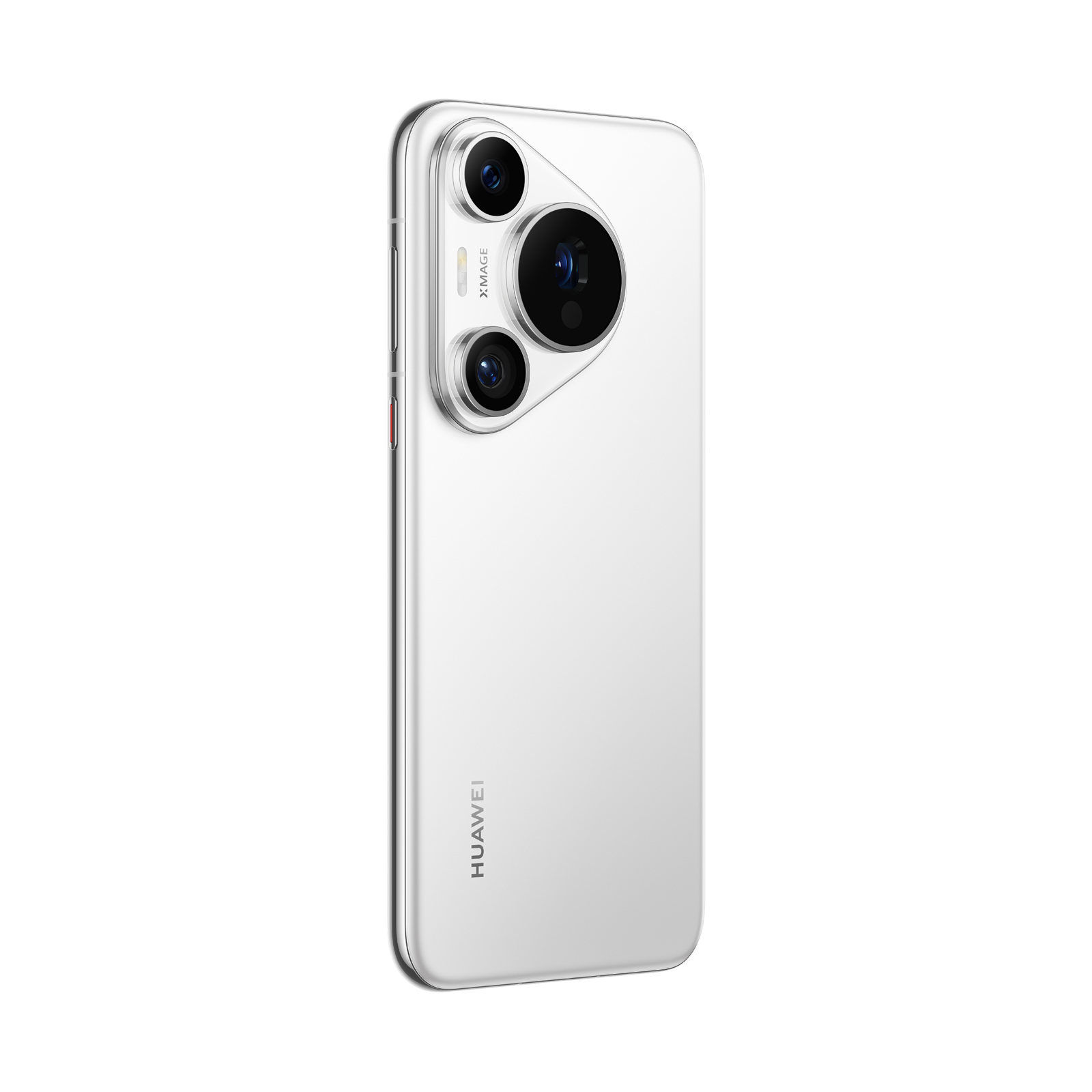 Siyah arka planda üç lensli kameraya sahip beyaz bir Huawei telefonu. Telefon, arkasını göstermek için açılı olarak duruyor.