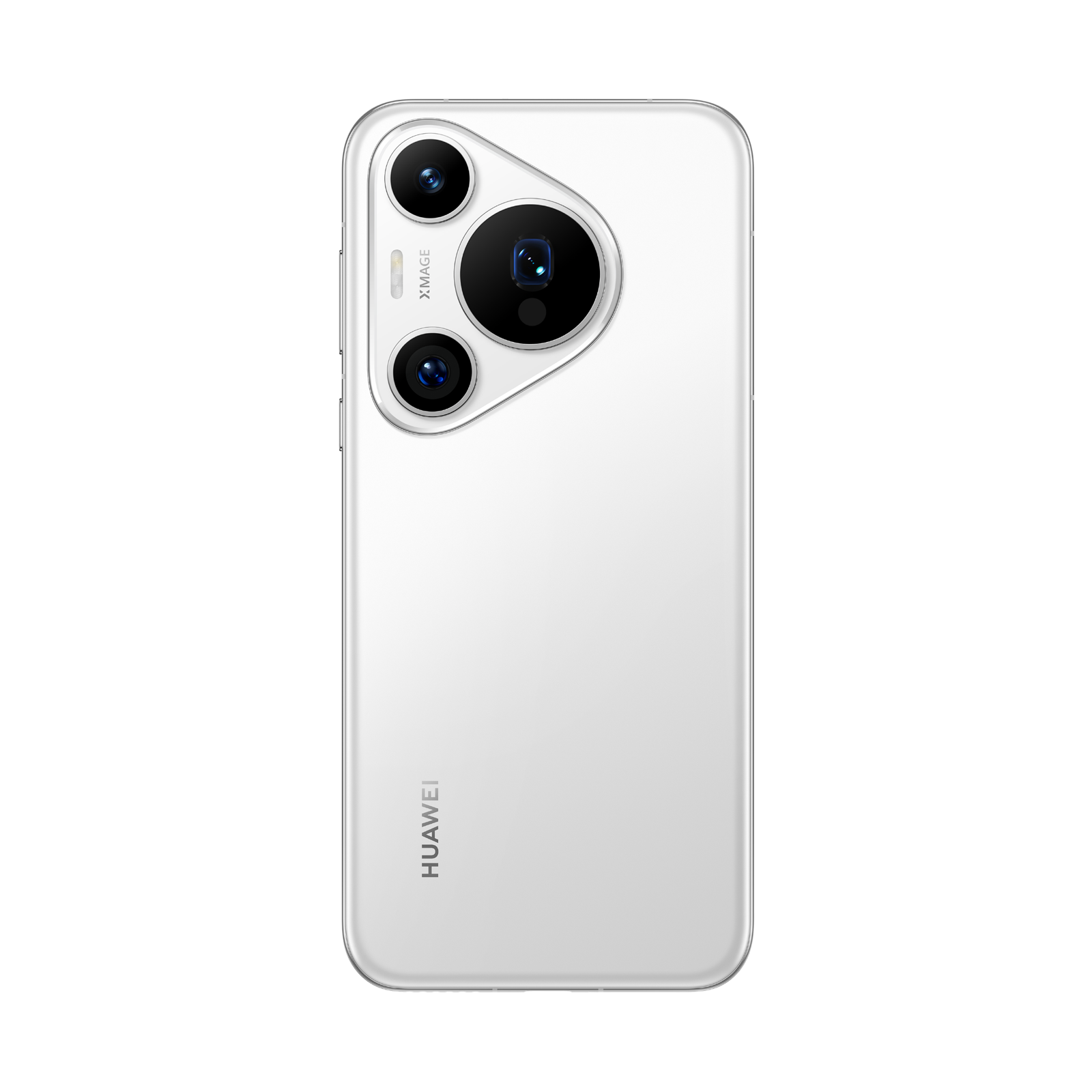 Üç arka kamerası olan beyaz bir akıllı telefon. Huawei logosu görünür.