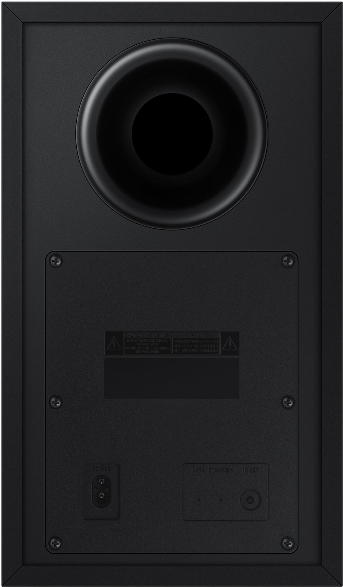 Tył czarnego subwoofera z portami, zasilaniem i etykietami połączeń. Widoczne logo Samsung.