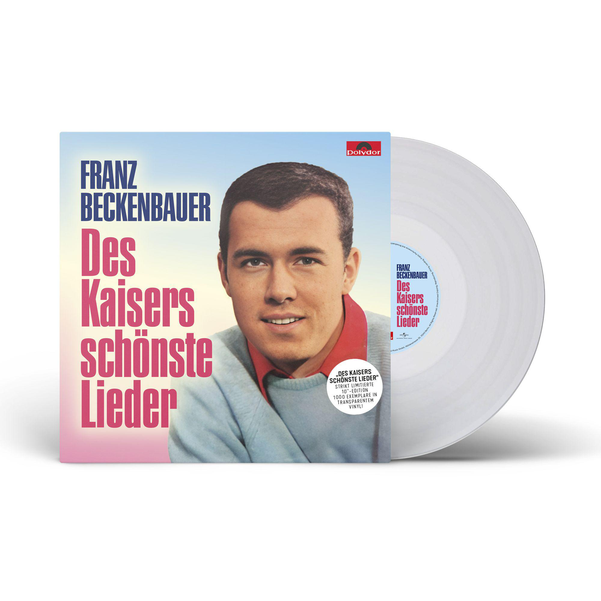 Eine Schallplatte und Albumcover für 'Franz Beckenbauer - Des Kaisers Schönste Lieder', weißer Hintergrund.