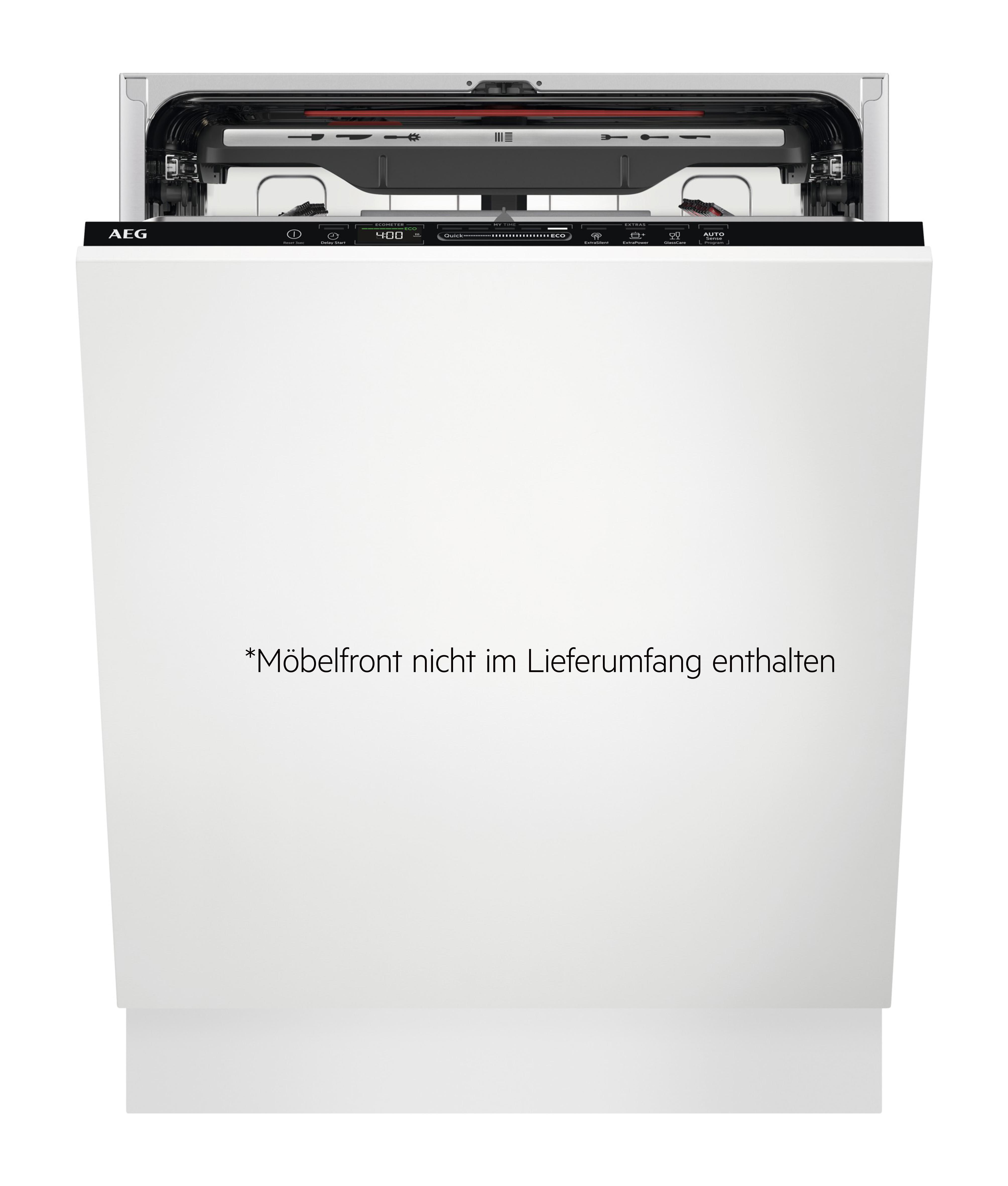 Weiße AEG-Spülmaschine mit geöffneter Tür. Text auf der Tür: 'Möbelfront nicht im Lieferumfang enthalten'.