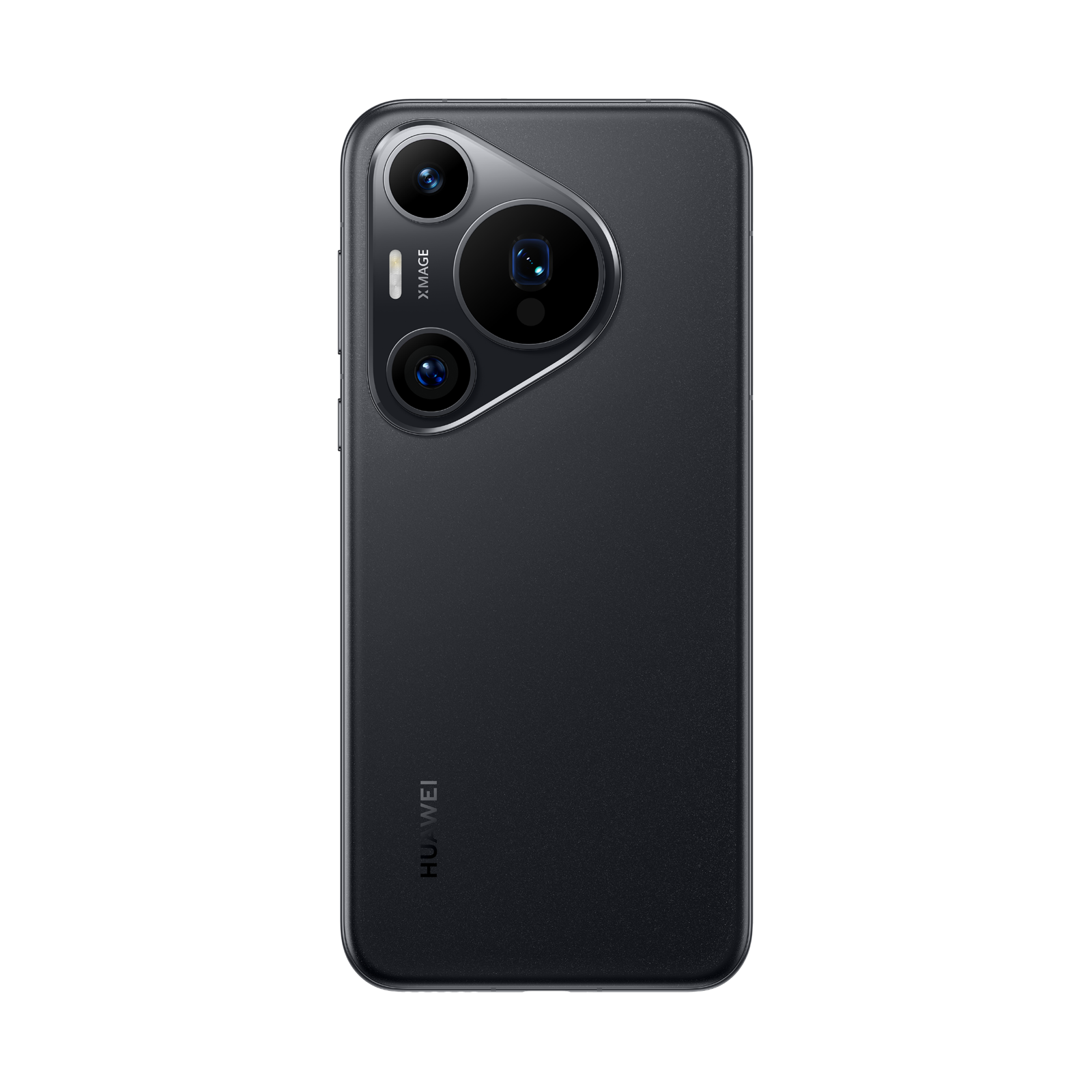Siyah bir akıllı telefonun arka görünümü. Birden fazla kameraya ve Huawei logosuna sahip.