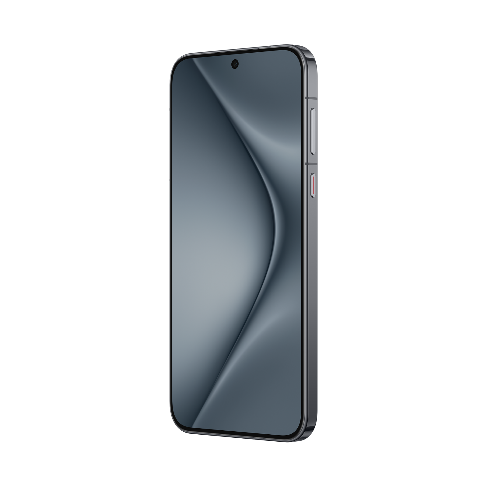 Koyu gri renkli bir akıllı telefon, siyah bir arka plan üzerinde yandan görünüş, kavisli bir ekran gösteriyor.