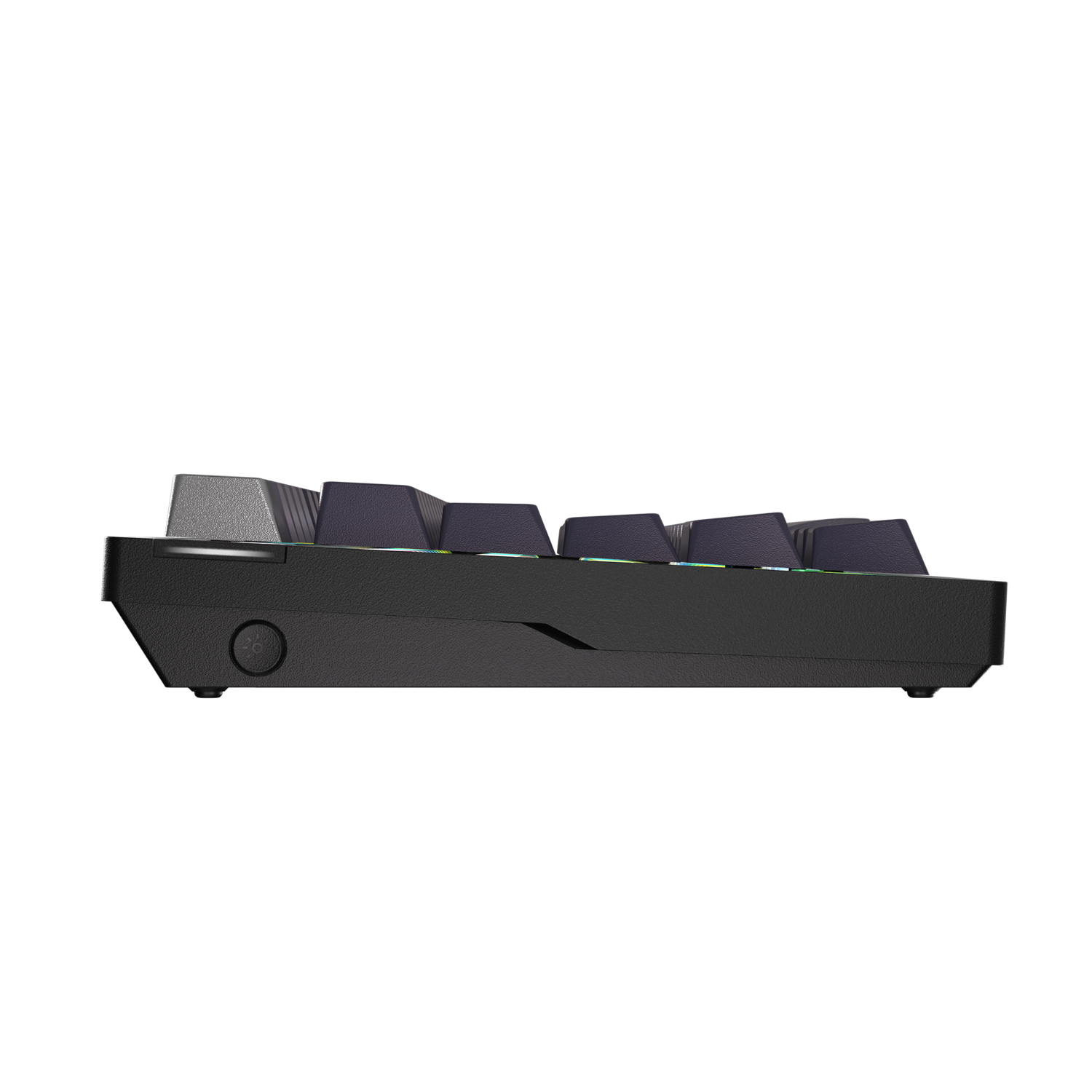 Side view of a black keyboard with keycaps, power button and a black background.