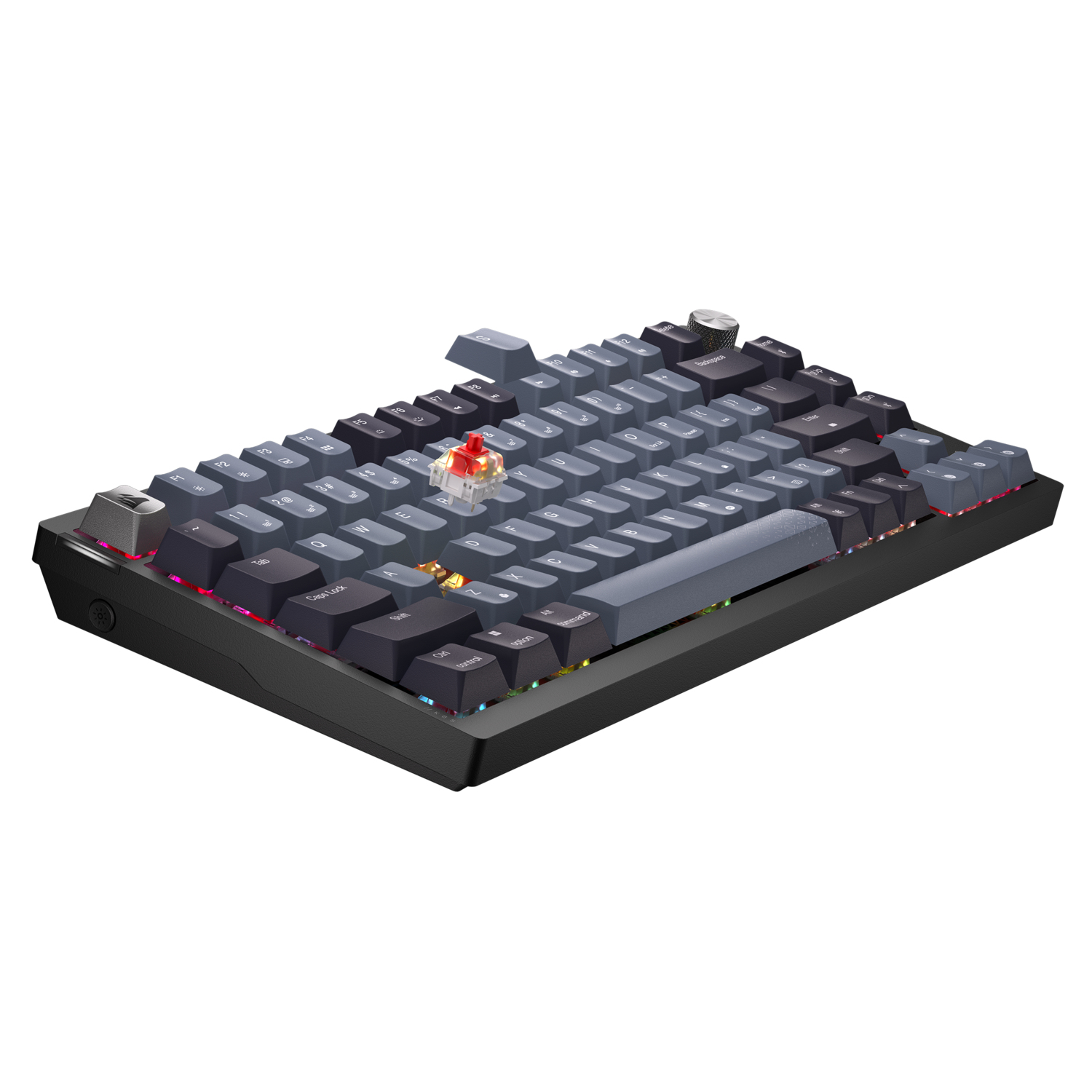 A mechanical keyboard with gray keycaps. A red switch is visible. The keyboard has a black frame and is on a black background.