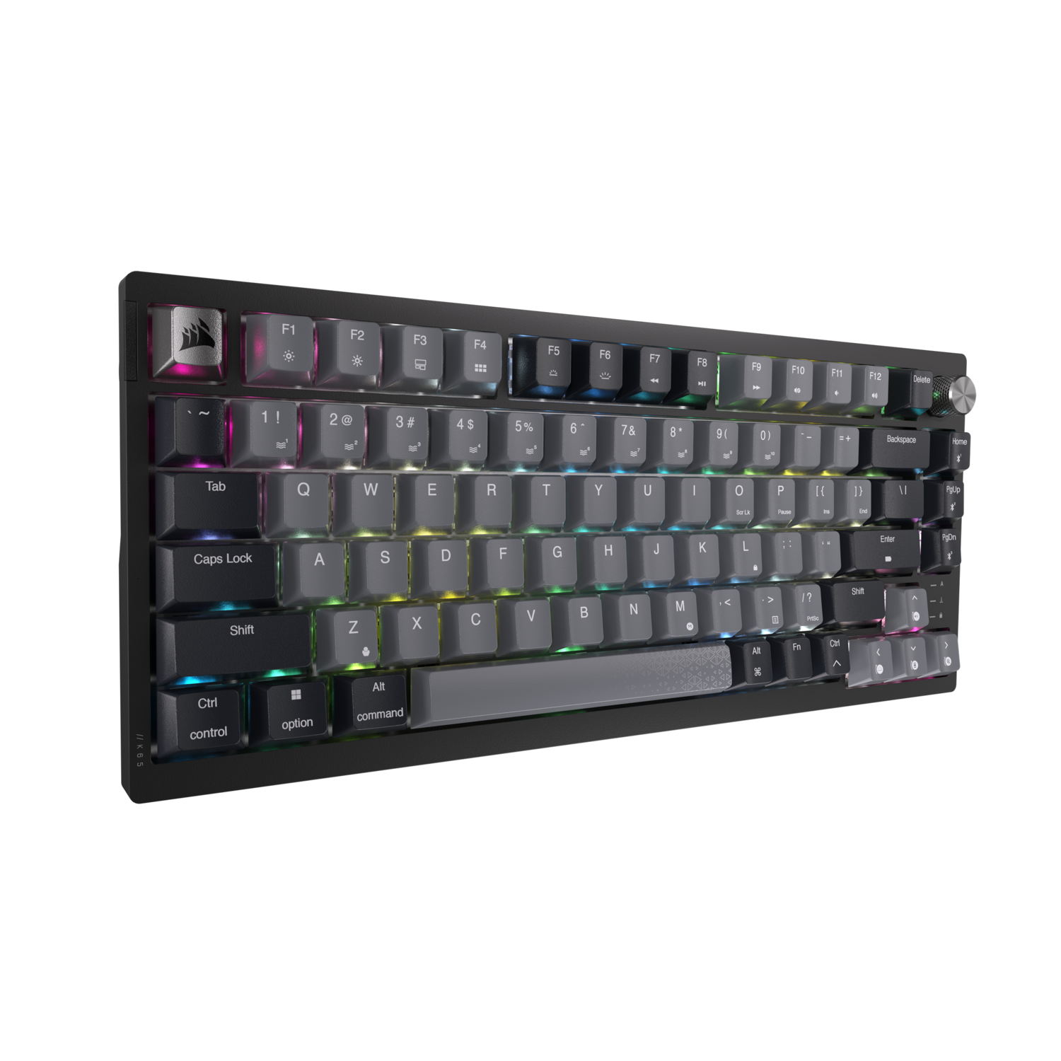 A black mechanical keyboard with multi-colored keys and a Corsair logo on the top left corner.