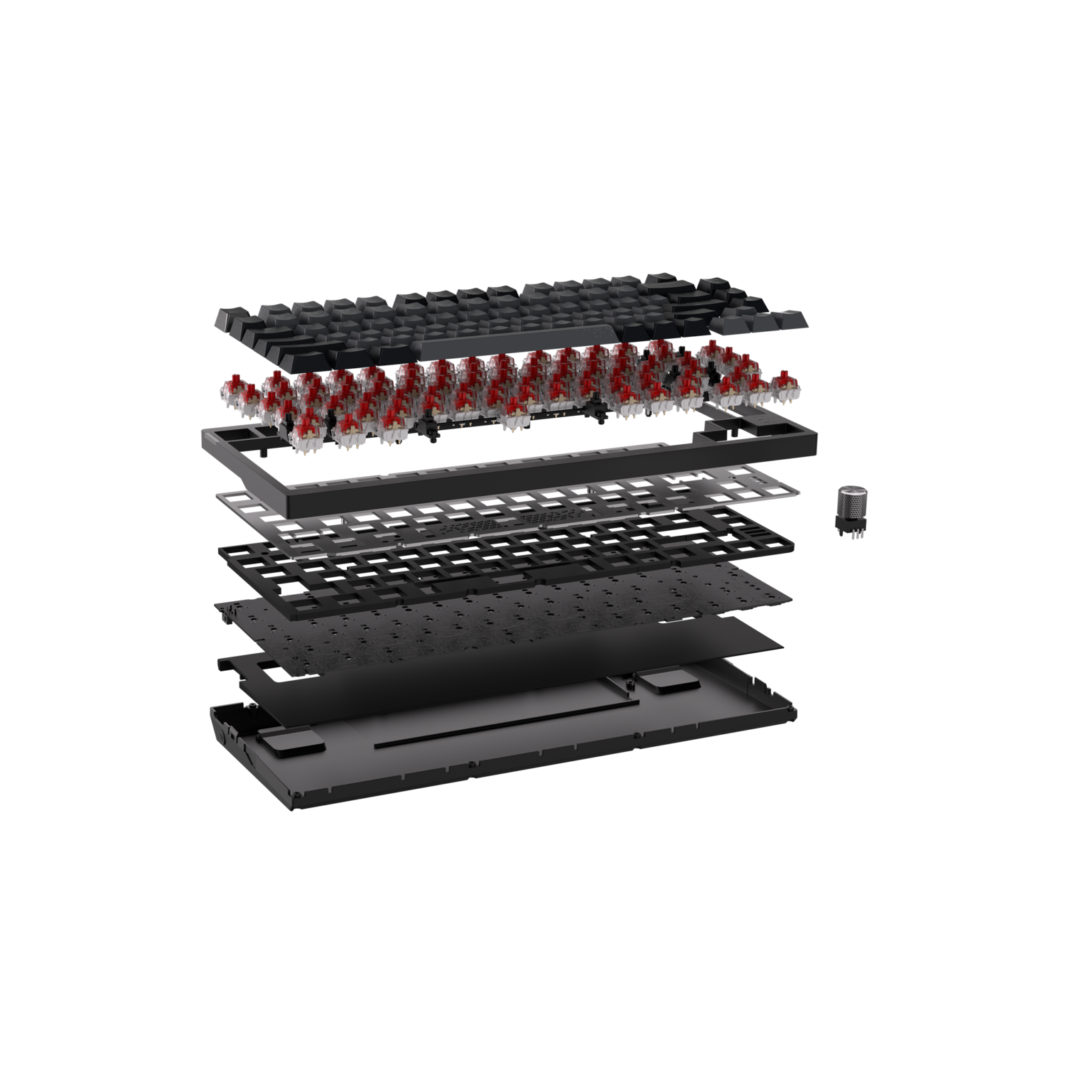 Exploded view of a black keyboard with red switches.