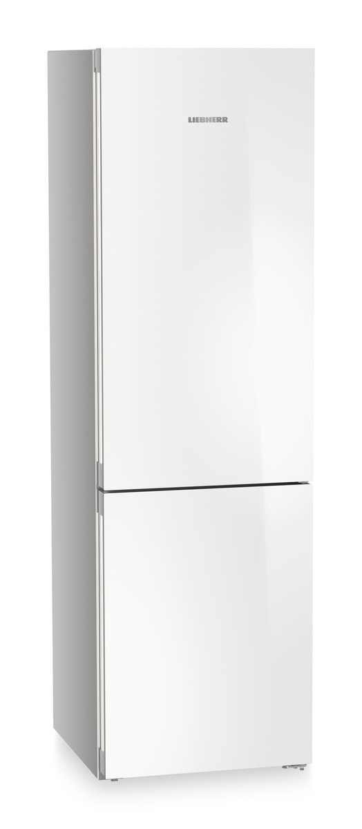 Ein hoher, weißer Kühlschrank. Er hat ein Gefrierfach unten. Die Marke ist 'Liebherr'.