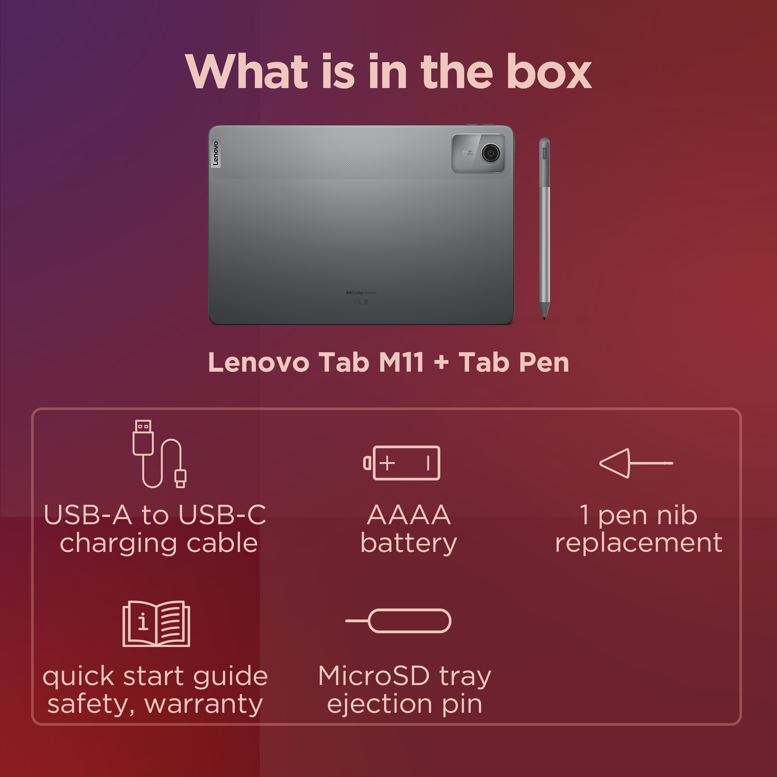 Una tableta Lenovo Tab M11, lápiz, cable USB-C, batería y pasador de expulsión de SIM.