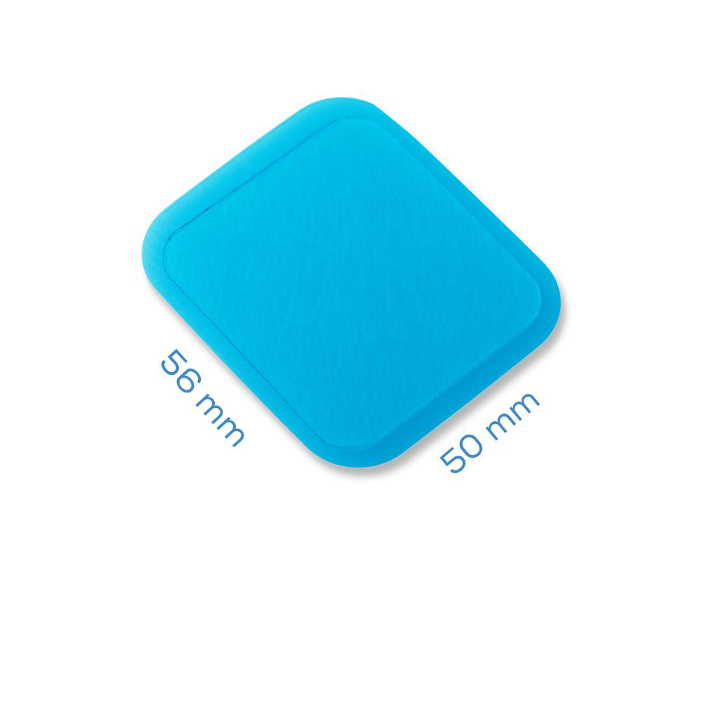 Ein hellblauer, rautenförmiger Aufkleber mit den angegebenen Abmessungen von 56 mm x 50 mm.