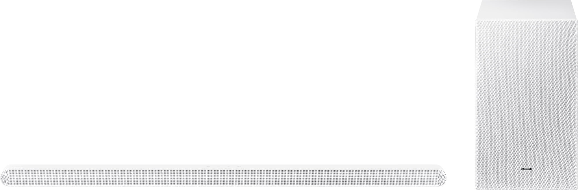 Biały soundbar i subwoofer na białym tle.