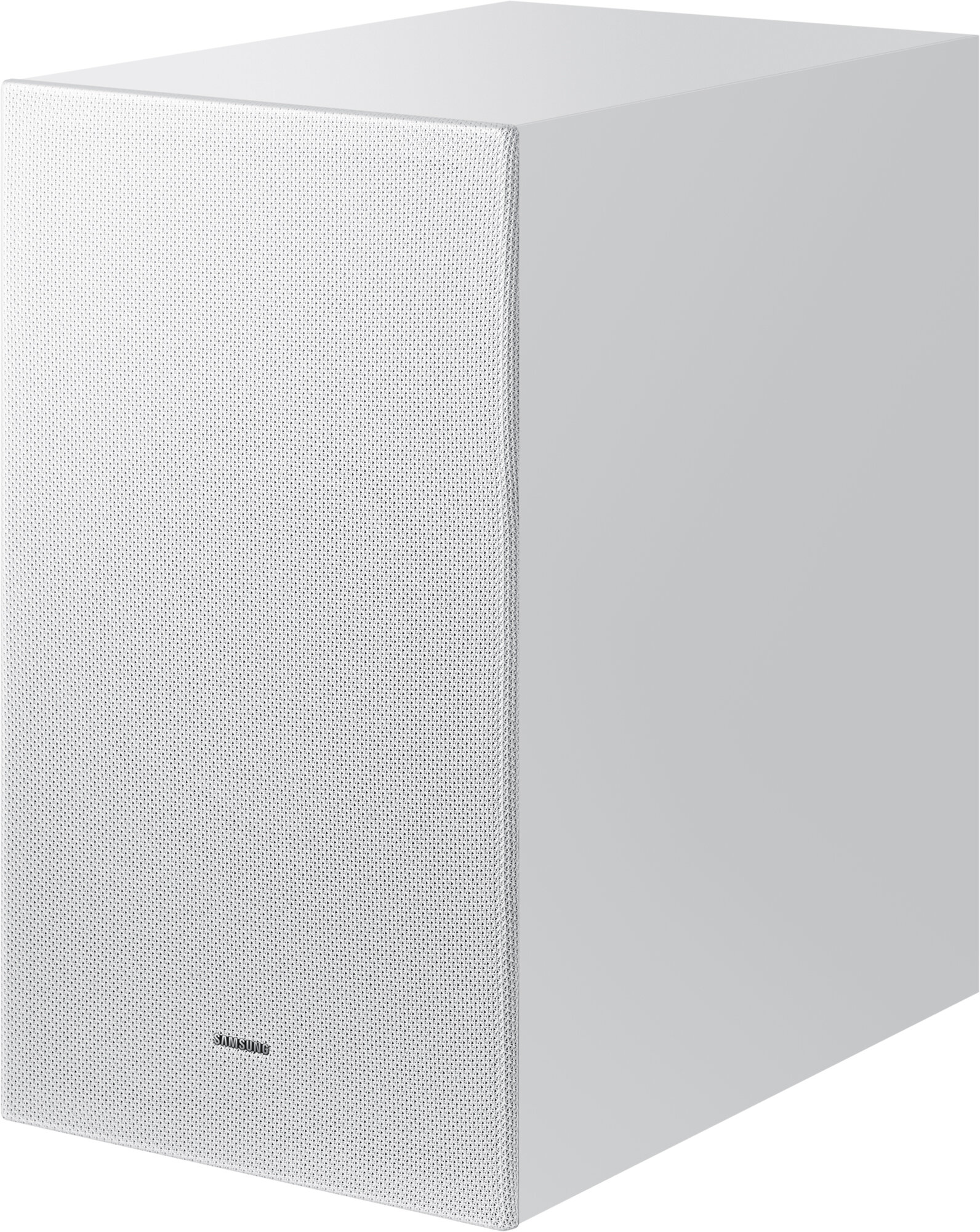 Biały subwoofer. Kwadratowe pudełko z siatkowym przodem.
