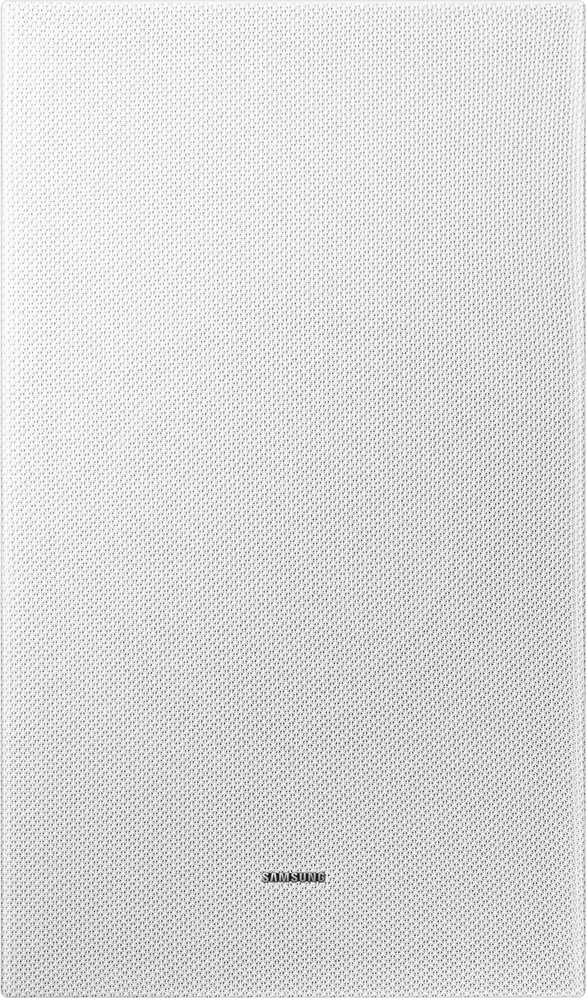 Biały, prostokątny głośnik z perforowanym przodem i logo Samsung na dole.