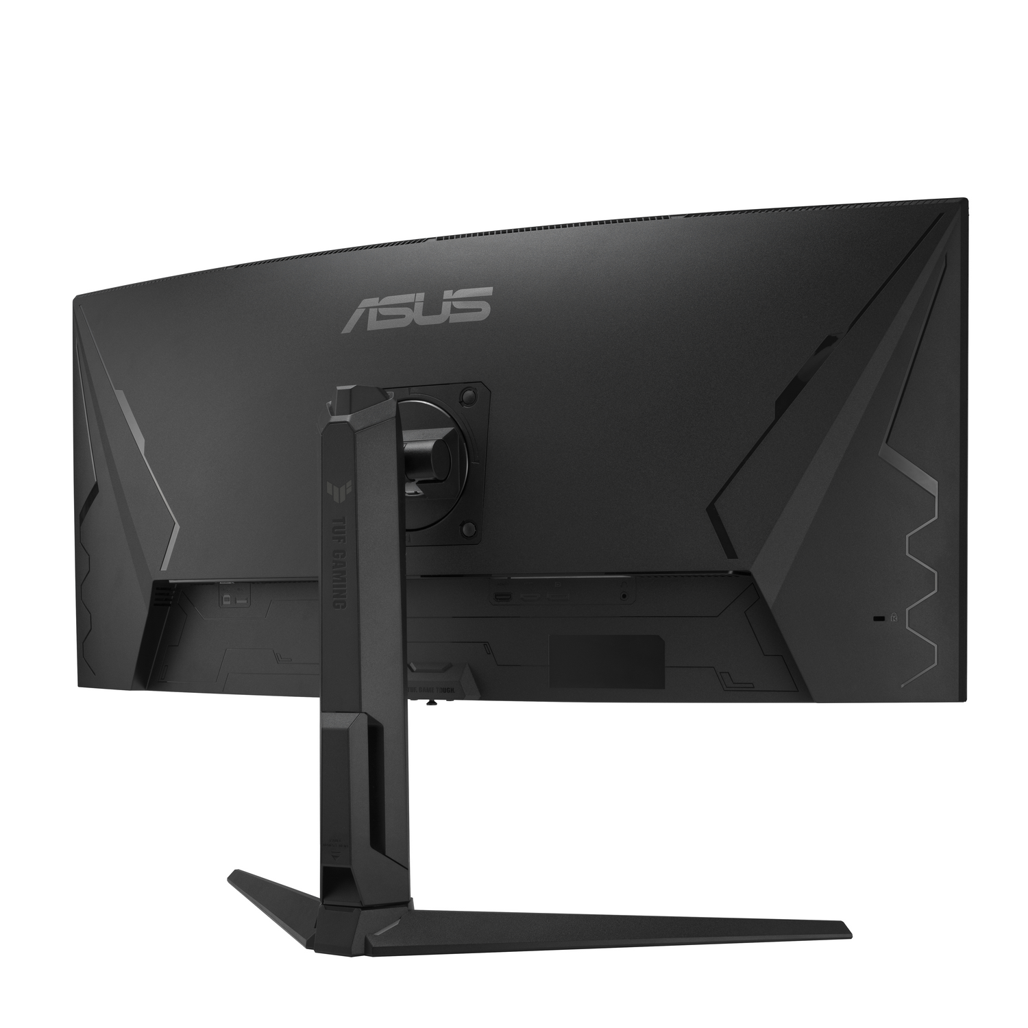 Vista trasera de un monitor ASUS TUF Gaming negro. La pantalla es curva. El soporte es negro, con una base ancha.
