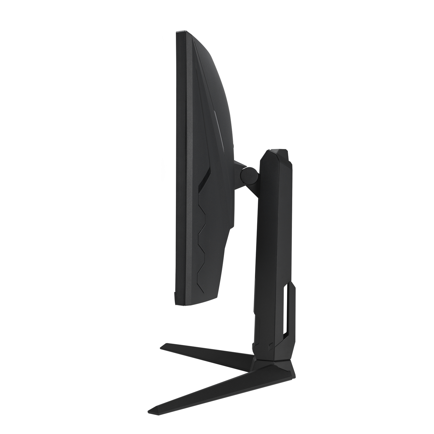 Monitor de juegos negro de lado con soporte, aislado sobre blanco.