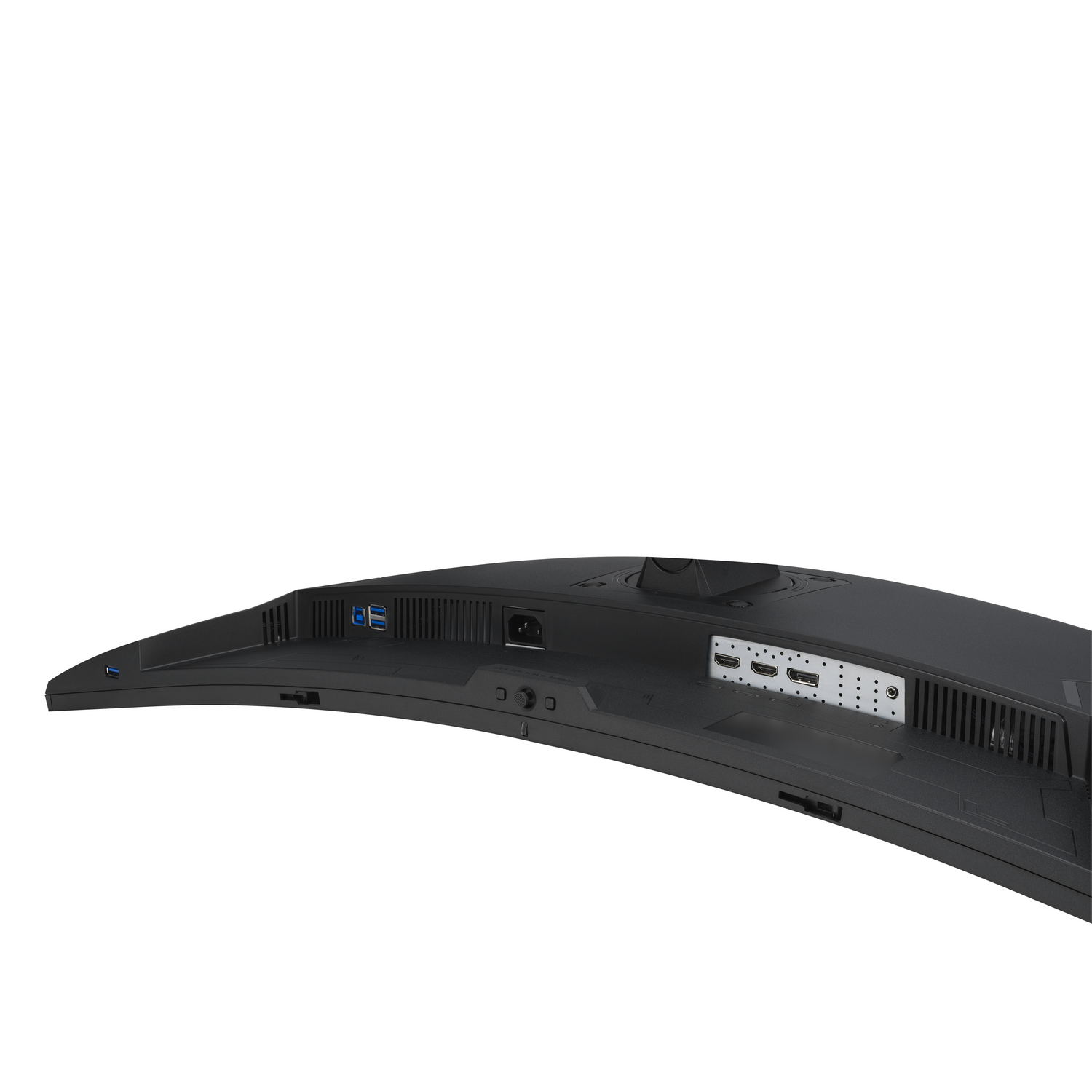 Parte trasera de un monitor curvo con puertos y conexiones.
