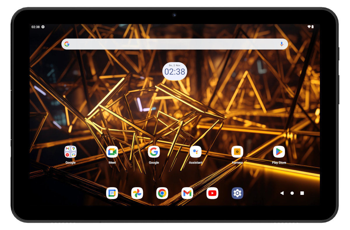 Czarny tablet wyświetlający złote geometryczne tło z ikonami aplikacji i czasem.