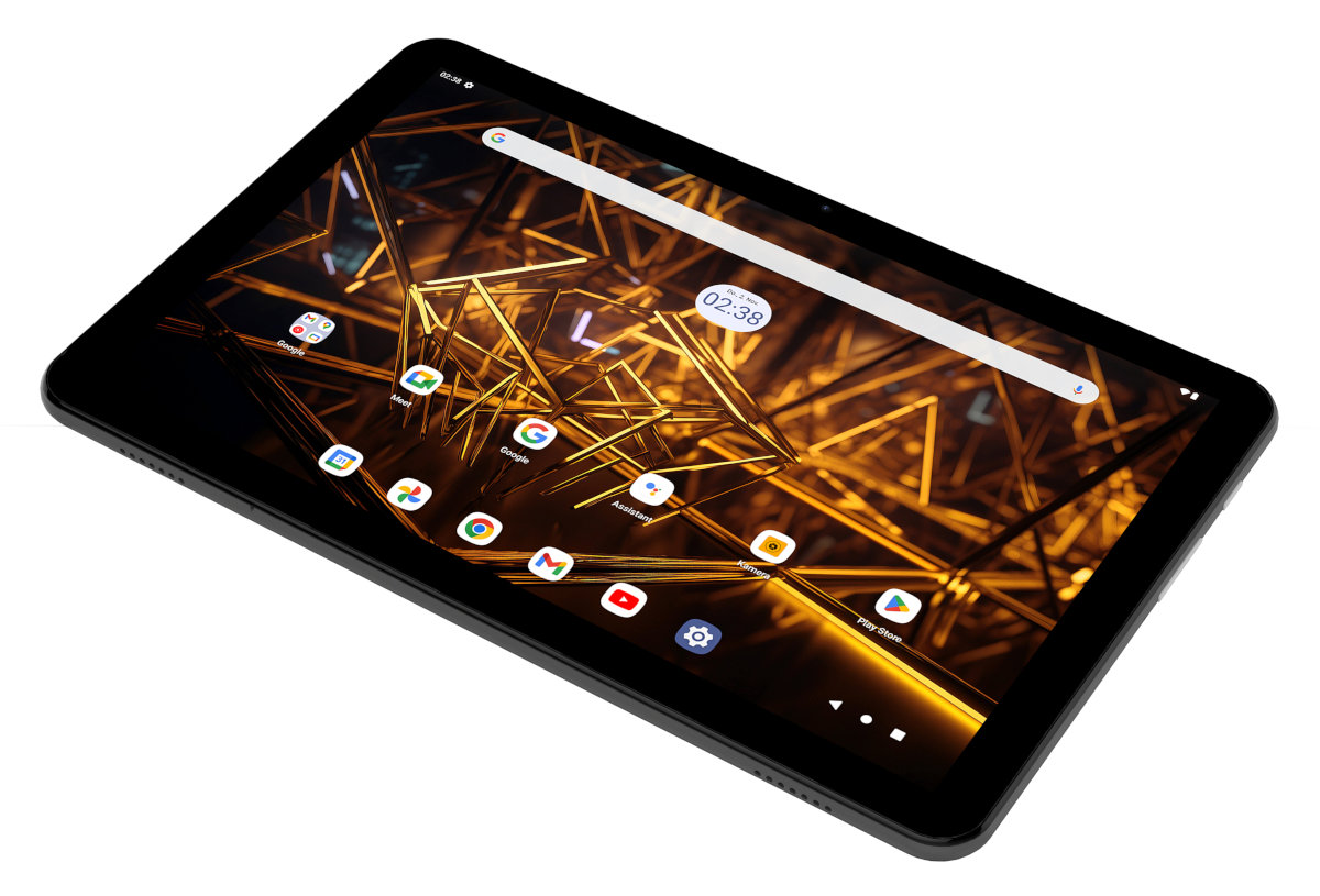 Czarny tablet z jasnym, złotym geometrycznym tłem na ekranie.