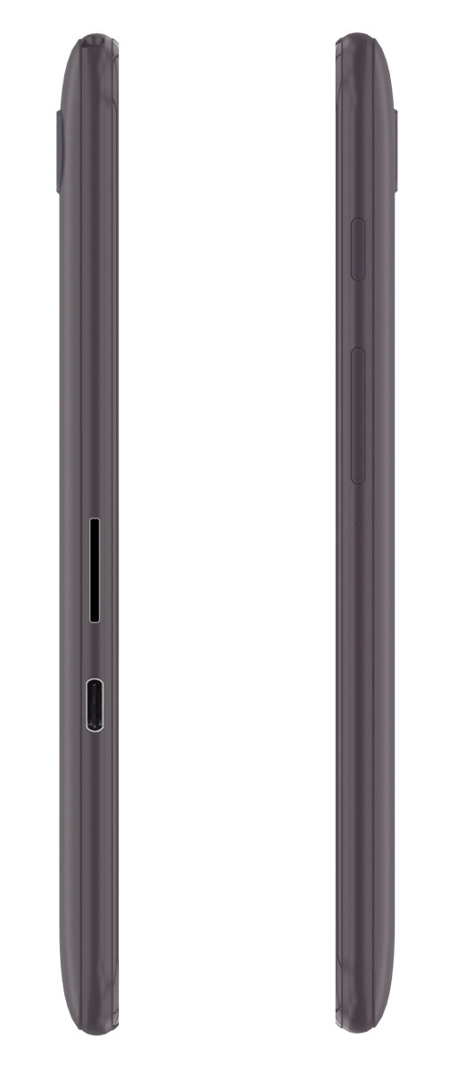 Dwa widoki z boku ciemnoszarego telefonu, pokazujące przyciski i porty.