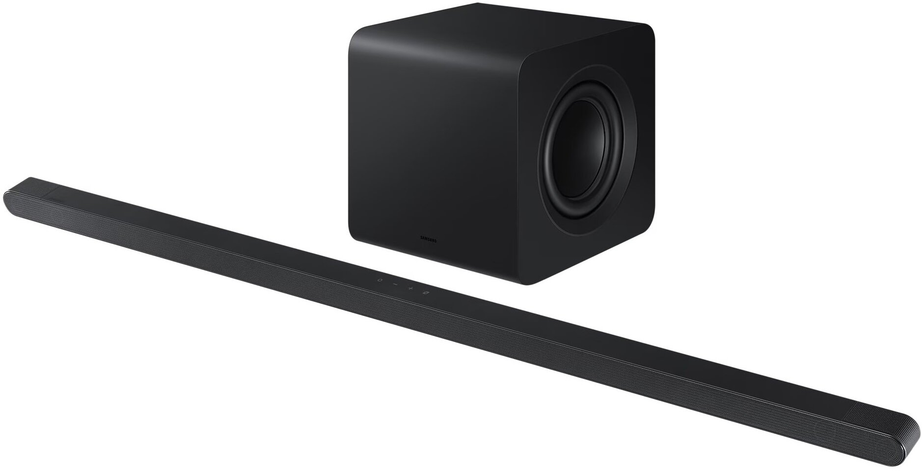 Czarny soundbar i czarny subwoofer. Soundbar jest prostokątny, a subwoofer to skrzynia.